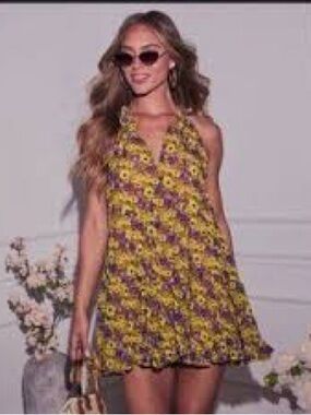 Vici Yellow and Purple Floral Mini babydoll tiered Dress